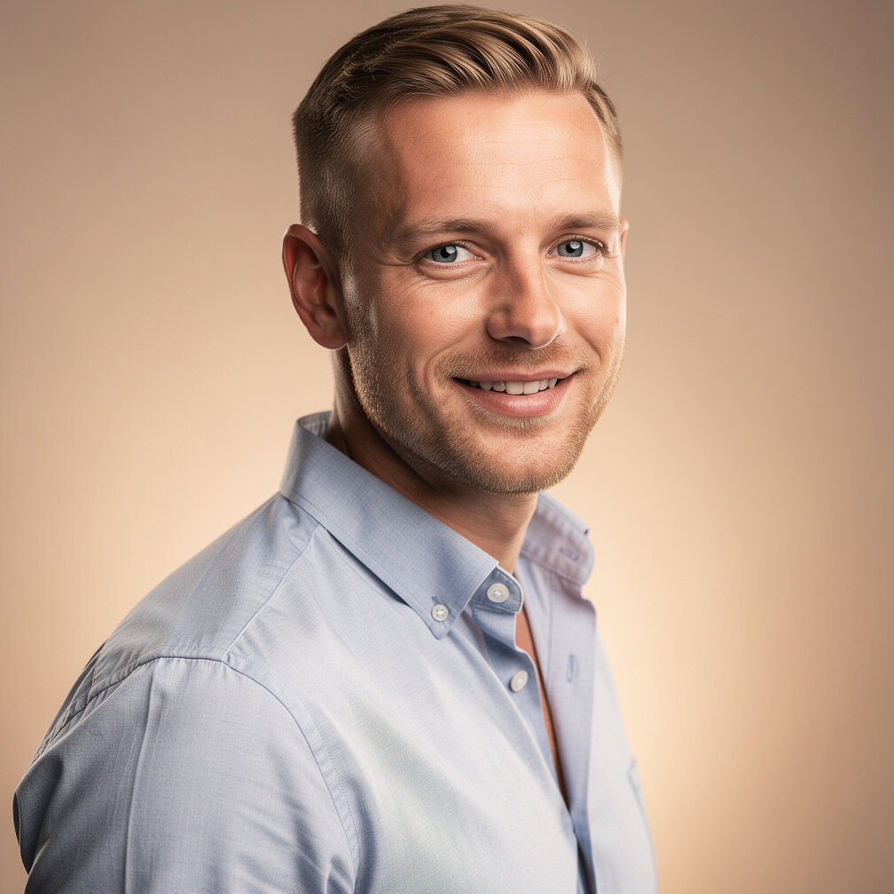Portrait studio d'un jeune homme belge, rapporteur de sessions