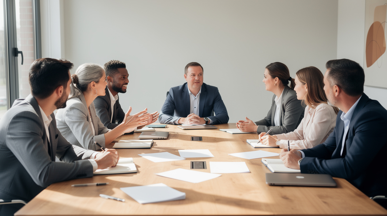 Groupe de personnes diverses échangeant autour d'une table lors d'une session de discussion